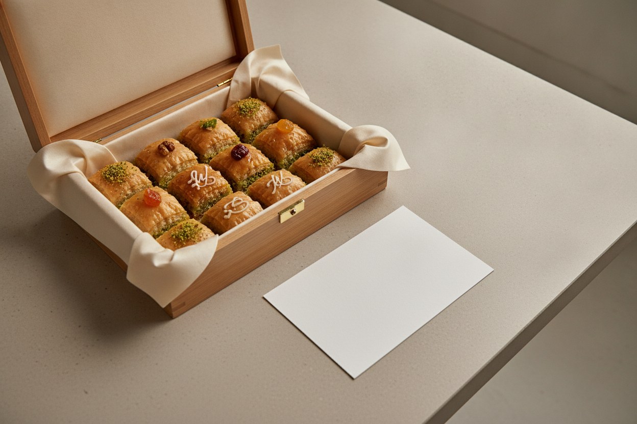 Koruma kutusuna yerleştirilmiş imzalı baklava tepsisi ve künye kartı