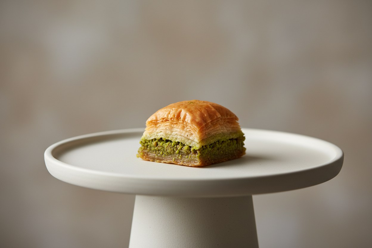Sırlı seramik tepside sergilenen imzalı fıstıklı baklava, galeri aydınlatması altında