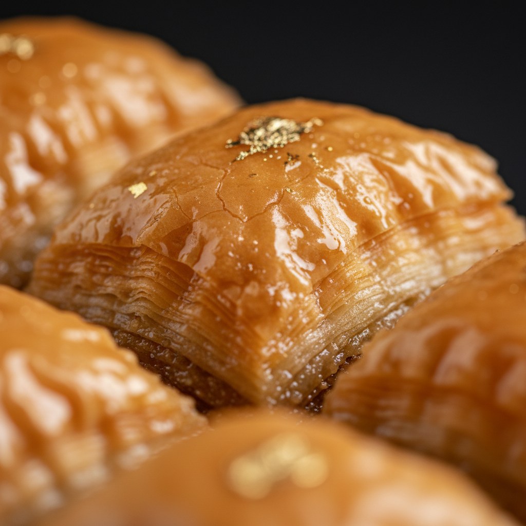 Baklava yüzeyinde sır parıltısı ve altın varak imzanın makro detayı